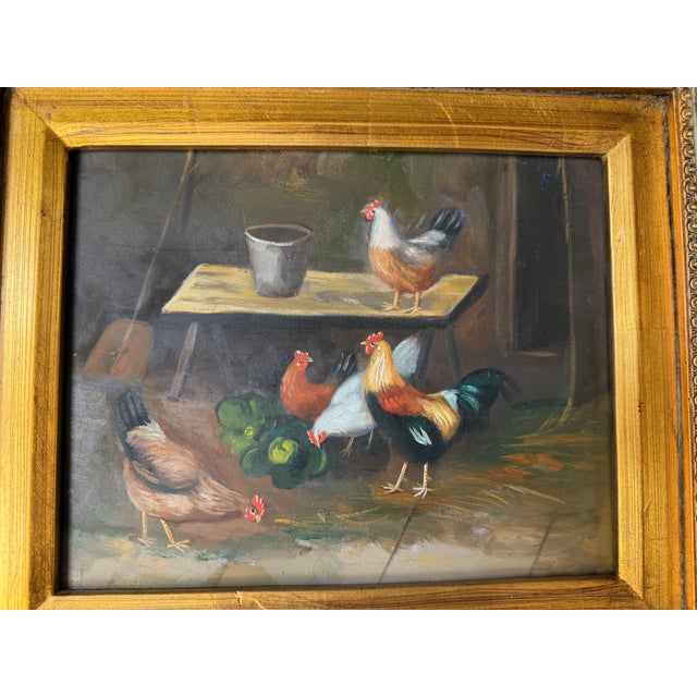 1980s Vintage Rustic Chickens & Rooster Still Life Oil Painting on Plywood – Framed For Sale - Image 5 of 7