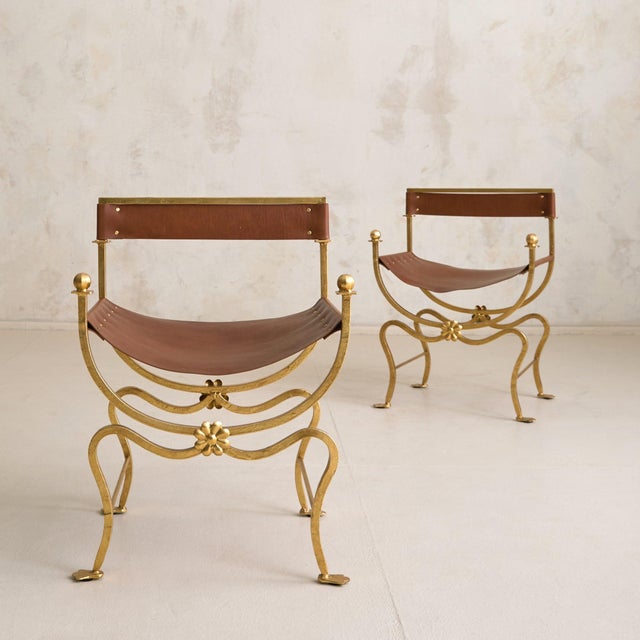 Italian Gold-Leaf + Leather Accent Chair, 1960s - 2 Available For Sale - Image 4 of 11