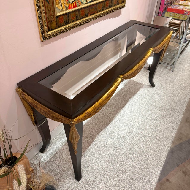 Vintage Dark Wood Console Table With Gold Gilt Draped Valance Detail For Sale - Image 10 of 11