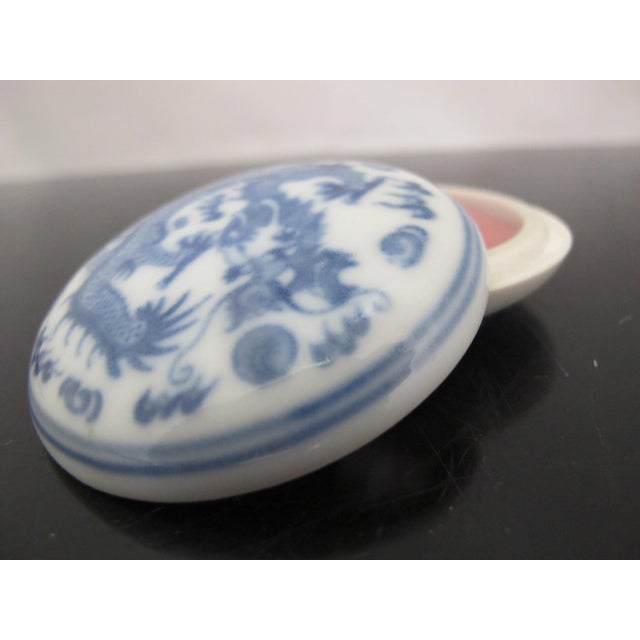 Ceramic Chinese Seal Paste Blue & White Porcelain Dragon Box Jar With Lid For Sale - Image 7 of 11