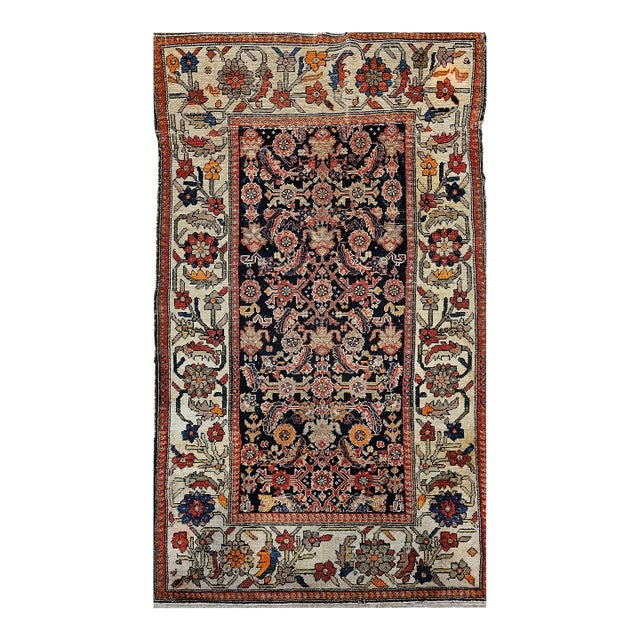 Antique Persian Malayer Area Rug, Handwoven All-Over Herati Patter, Navy & Ivory, 4’ X 7’ For Sale