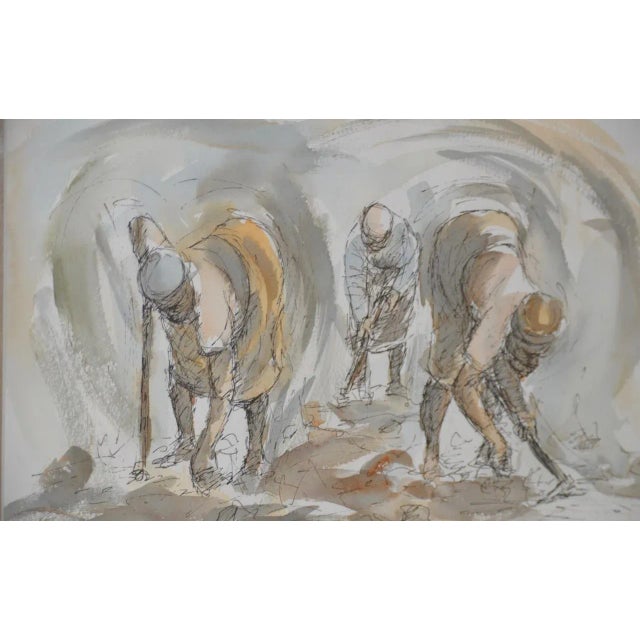 Original Pen & Ink w/ Watercolor "Planters Planting" Fine drawing showing three people planting seeds. Original drawing on...