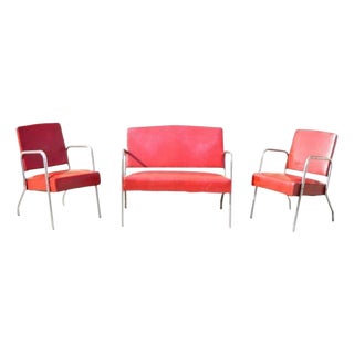 Mid 20th Century Vintage Art Deco Steel Metal Red Loveseat & Pair Lounge Chairs by Yale - 3 Pieces For Sale