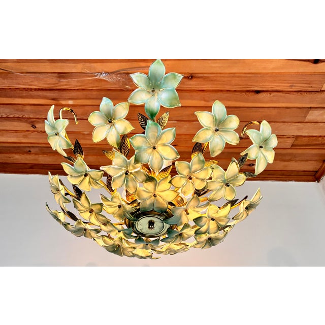 1970s Vintage Murano Style Hand-Painted Green Glass Floral Flush Mount Chandelier⁠ For Sale - Image 9 of 18