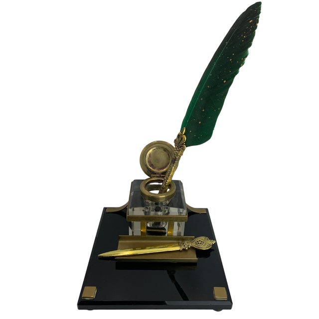 Art Deco Lacquered Desk Set with Brass Bound Bevelled Glass Inkwell, Set of 4 For Sale - Image 4 of 18