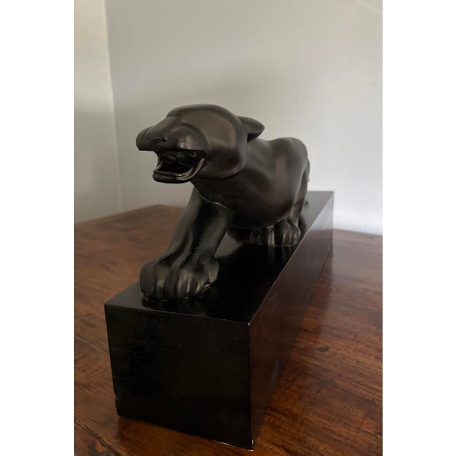 Mid 20th Century Art Deco Revival Black Panther Sculpture on Leatherized Pedestal Base For Sale - Image 9 of 12