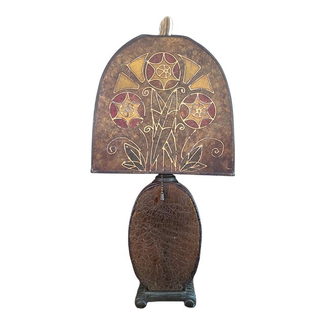 Antique Art Deco Crackle Glass Table Lamp With Mica Shade For Sale