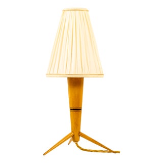 Wood Table Lamp with Fabric Shade, 1950s For Sale