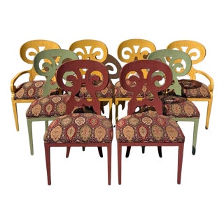Contemporary Regency Style Red Green Yellow Scroll Back Dining Chairs - Set of 8 For Sale