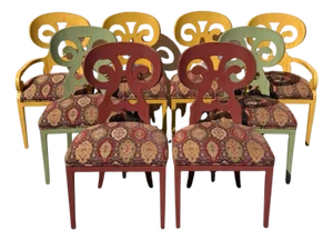 Contemporary Regency Style Red Green Yellow Scroll Back Dining Chairs - Set of 8