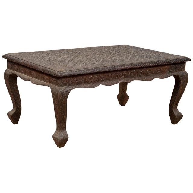 Vintage Indian Coffee Table with Brushed Metal Patina over Wood and Floral Décor For Sale - Image 13 of 13