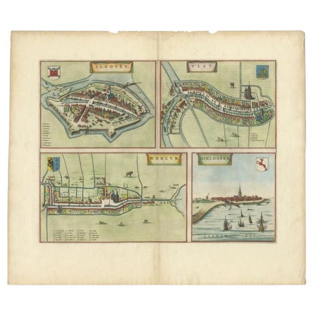 Antique print titled 'Slooten - Ylst - Worcum - Hinloopen'. Three plans and a bird's eye view on one sheet. The plans show...