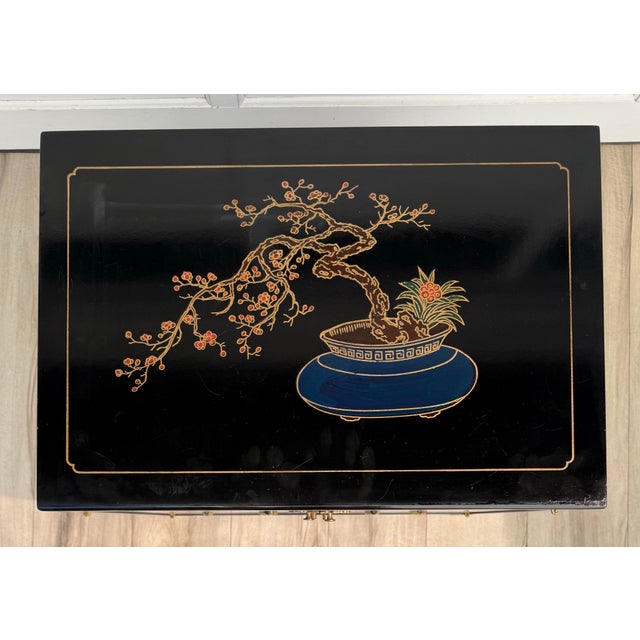 Vintage Chinoiserie Black Lacquer Nightstand Cabinet With Carved Stone Figures For Sale - Image 11 of 13