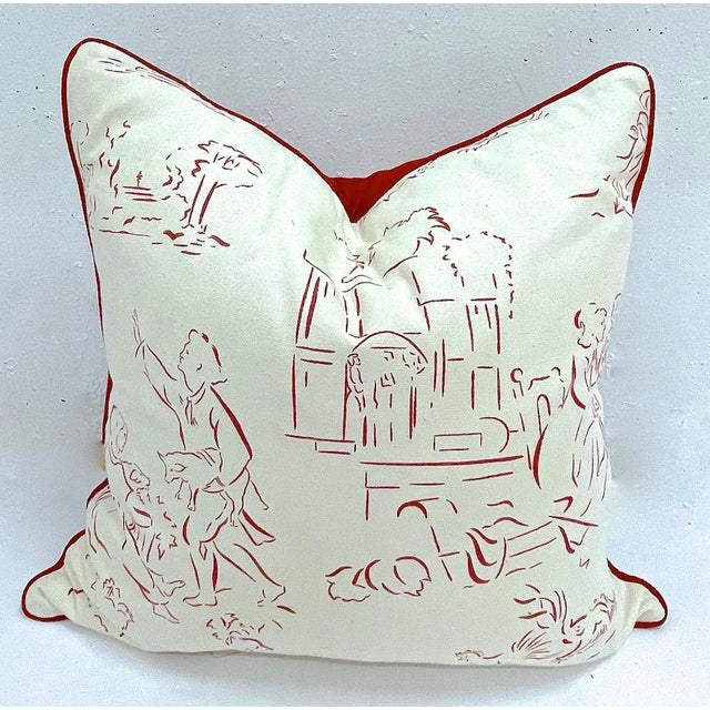 Vintage Red & White Scenic Toile Pillows, Pr For Sale - Image 4 of 7
