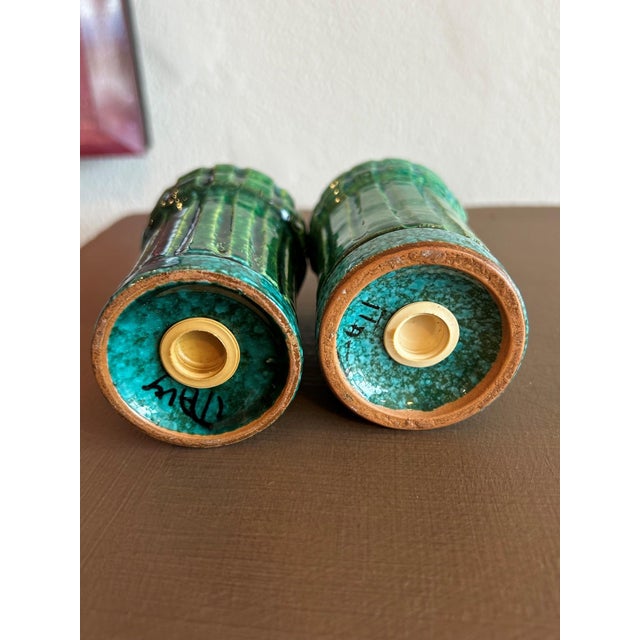 A beautiful pair of vintage Bitossi ceramic salt and pepper shakers, made in Italy and finished in a rich turquoise-green...