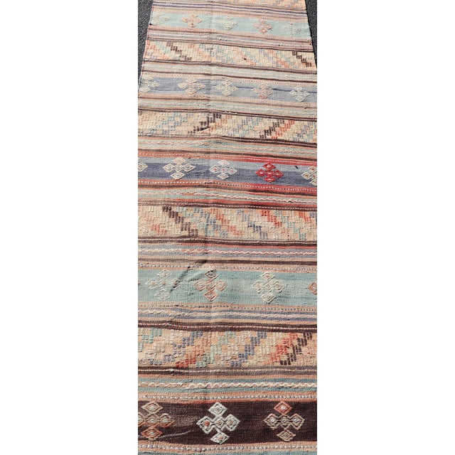 Tan Vintage Turkish Kilim Runner in Geometric Design & Colorful Stripes 2'10 X 11'3 For Sale - Image 8 of 11