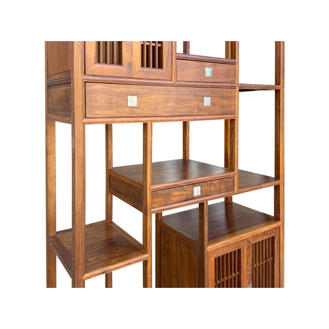 Pair Asian Inspired Asymmetrical Light Brown Shelving Display Cabinet Divider For Sale - Image 12 of 13