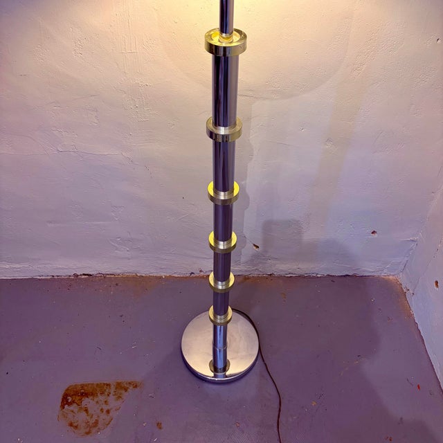 Metal Vintage Modern Chrome & Brass-Toned Floor Lamp With Black Drum Shade For Sale - Image 7 of 11