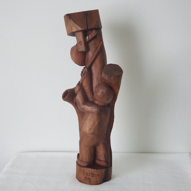 Rustic European 1998 Wood Sculpture "Bell Ringer" Signed Nicolae Serban Romania 23"h Modernist Expressionist Folk Art For Sale - Image 3 of 11
