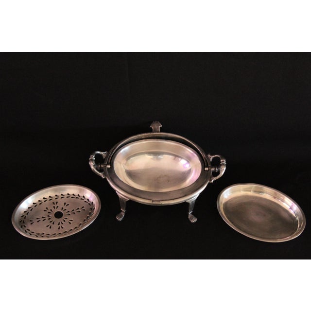 Antique Silver Plated Roll Top Buffet Server – Dome Warming Dish With Claw Feet & Ribbed Lid For Sale - Image 9 of 14