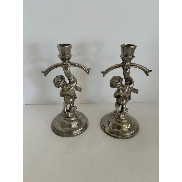 Silver Mid-Century Silverplate Figural Candlesticks With Climbing Boy Motif, Pair Hollywood Regency 1950s Decor For Sale - Image 8 of 9