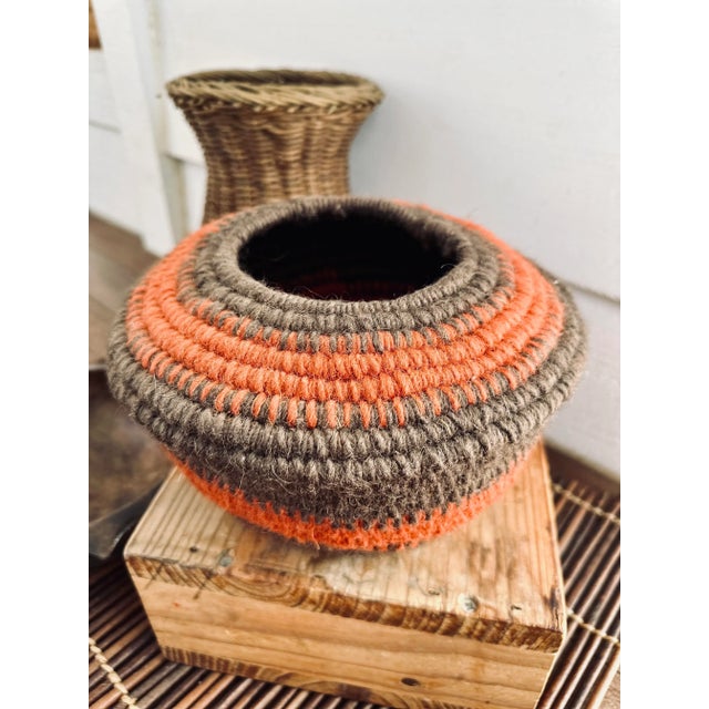 Beautiful VTG handcrafted coiled yarn and sisal basket. Origin likely from the Philippines circa 1970’s based on estate...