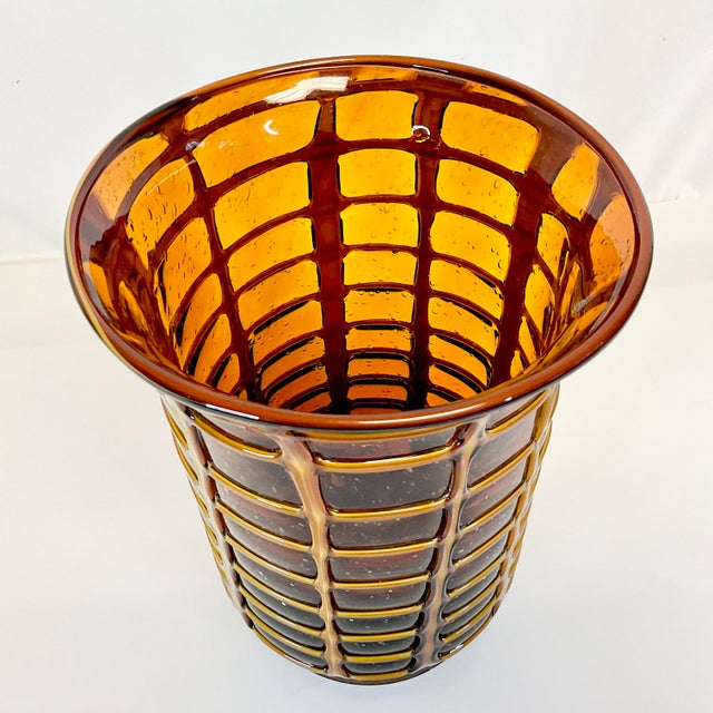 1970s Vintage Boho Chic Italian Style Blown Glass Vase With Opaque Grid Design Encased For Sale - Image 6 of 11