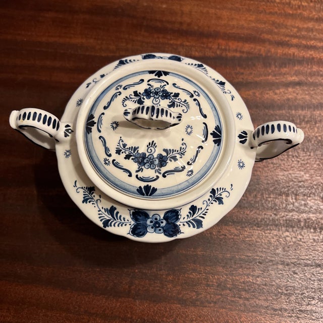 Rustic European Vintage Hand Painted Delft Blue Large Covered Sugar Bowl, Signed For Sale - Image 3 of 12