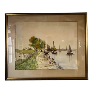1940's Harry Isaccson Impressionist Harbor Scene Watercolor Painting, Framed