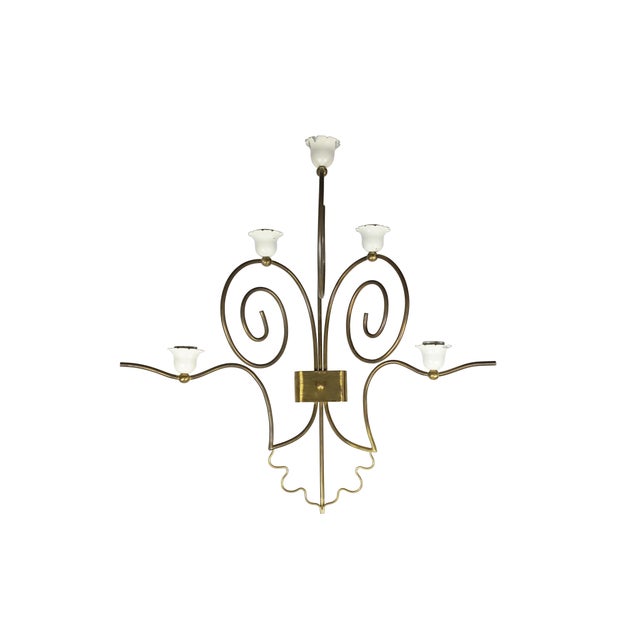 Large 5-light wall lamp in painted metal and tubular brass. Good vintage condition: patina and wear due to age and use....