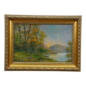 Antique Gustave Gutgemon Mountain Lake Landscape Oil Painting on Board 15"