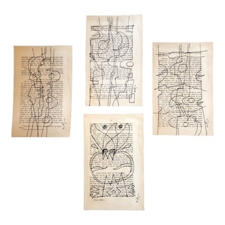 Gallery Wall Collection-Set of 4 Contemporary Wayne Cunningham Abstract Ink Drawings on Book Pages For Sale