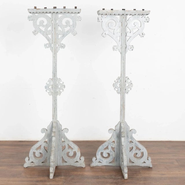 Pair, Tall Gray Painted Pine Candle Stands, Circa 1890 For Sale - Image 10 of 10