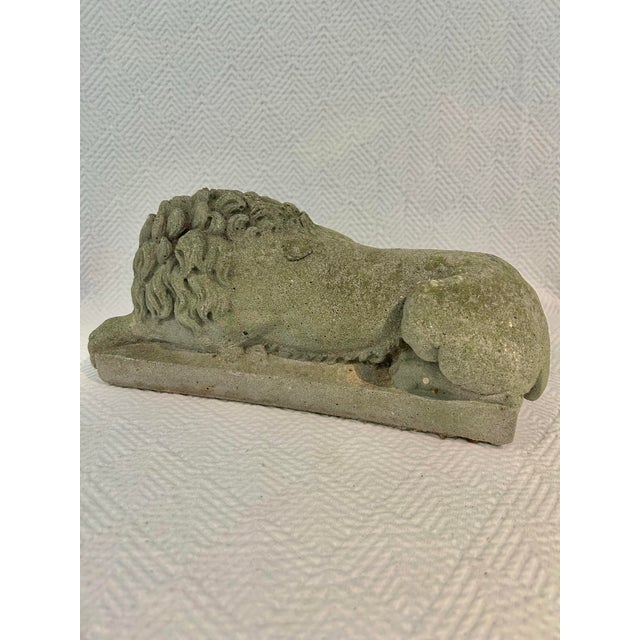 Mid 20th Century Vintage Weathered Concrete Recumbent Lion Garden Sculpture 16.5” For Sale - Image 5 of 10