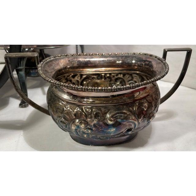 1980s Antique 6 Piece Kentshire Sheffield Silver Plated Tea Set Repousse Tilting 1900s For Sale - Image 5 of 11