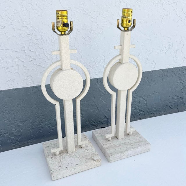 Mid-Century Modern Mid Century Modern Sculptural Lamps on Travertine - A Pair For Sale - Image 3 of 7