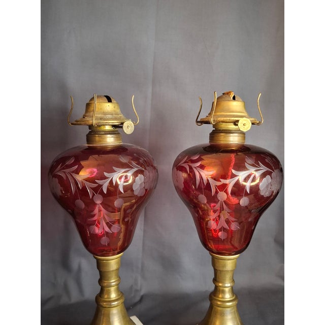 Pair Antique Bohemian Cranberry Cut-to-Clear Kerosene Lamps Marble Base P&a Eagle For Sale - Image 11 of 15