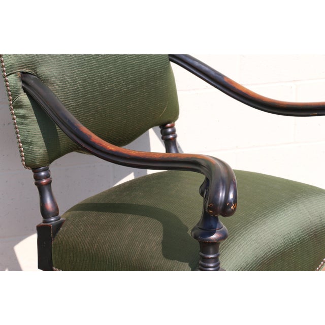 Pair of Antique High Back Throne Armchairs | Green Upholstery & Gold Monogram | Early 20th Century For Sale - Image 9 of 18