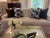 pair of Dedar fabric 20 inch square pillows , dark green, gray, tan and white