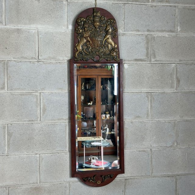 Brown Antique Mirror with English Royal Coat of Arms, 1900s For Sale - Image 8 of 11