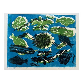 Original Expressionist Wood Block Print Marine Life by Sylvia T. Gavurin 1969 Artists Proof For Sale