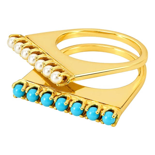 14K Yellow Gold Turquoise & Seed Pearl Dual Band Ring For Sale