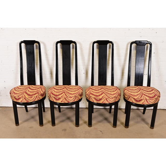 Mid-Century Modern Henredon Hollywood Regency Chinoiserie Ebonized Walnut High Back Dining Chairs, Set of Four For Sale - Image 3 of 13