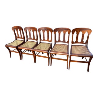 Late 19th Century Antique Burled Walnut Cane Wicker Rattan Occasional Side Chairs Set of 5 Restored For Sale