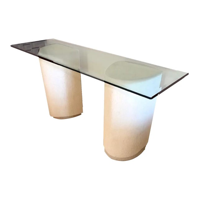 1980s Modernist Off-White Demi-Lune Plaster Double Pedestal Console Table With Glass Top For Sale - Image 12 of 12