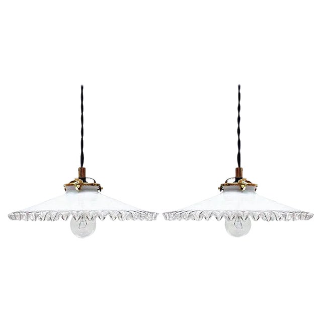 Mid-Century French Opaline Glass Pendant Lamps, 1950s, Set of 2 For Sale
