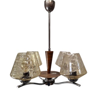 Mid-Century Modern Czech Glass, Wood and Chrome 4-Armed Chandelier from Napako, 1960s For Sale