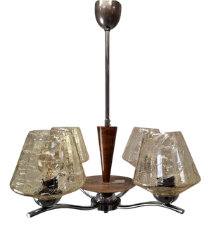 Mid-Century Modern Czech Glass, Wood and Chrome 4-Armed Chandelier from Napako, 1960s