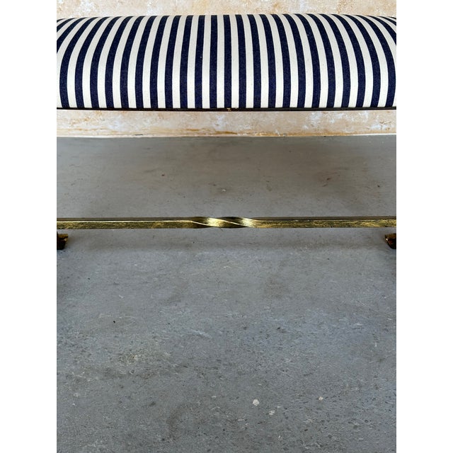 Gold Vintage Inspired Spanish Gilt Iron Bench With Scrolled Base and Striped Ticking Upholstery For Sale - Image 8 of 12