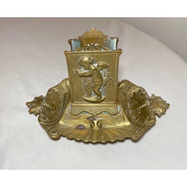 Antique 1800's Gilt Bronze Smoking Ashtray Cherub Match Safe Holder Stand Brass For Sale In New York - Image 6 of 13
